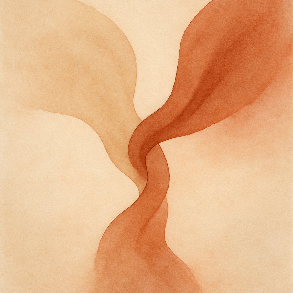 Abstracte illustratie in warme aardetinten van twee vormen die naar elkaar toe groeien, symbool voor bemiddeling en herstel