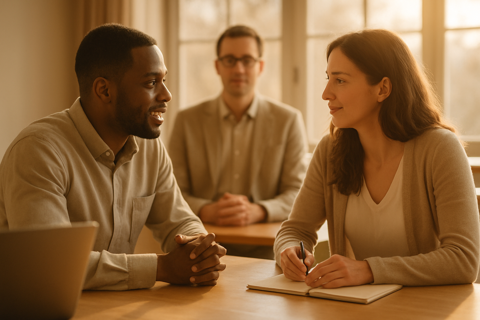 Twee collega's in gesprek aan tafel tijdens een bemiddeling, warm licht valt binnen