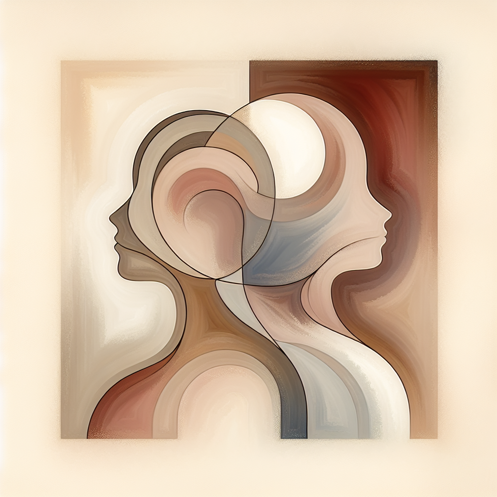 Abstracte illustratie van twee perspectieven die samenkomen in warme aardtinten