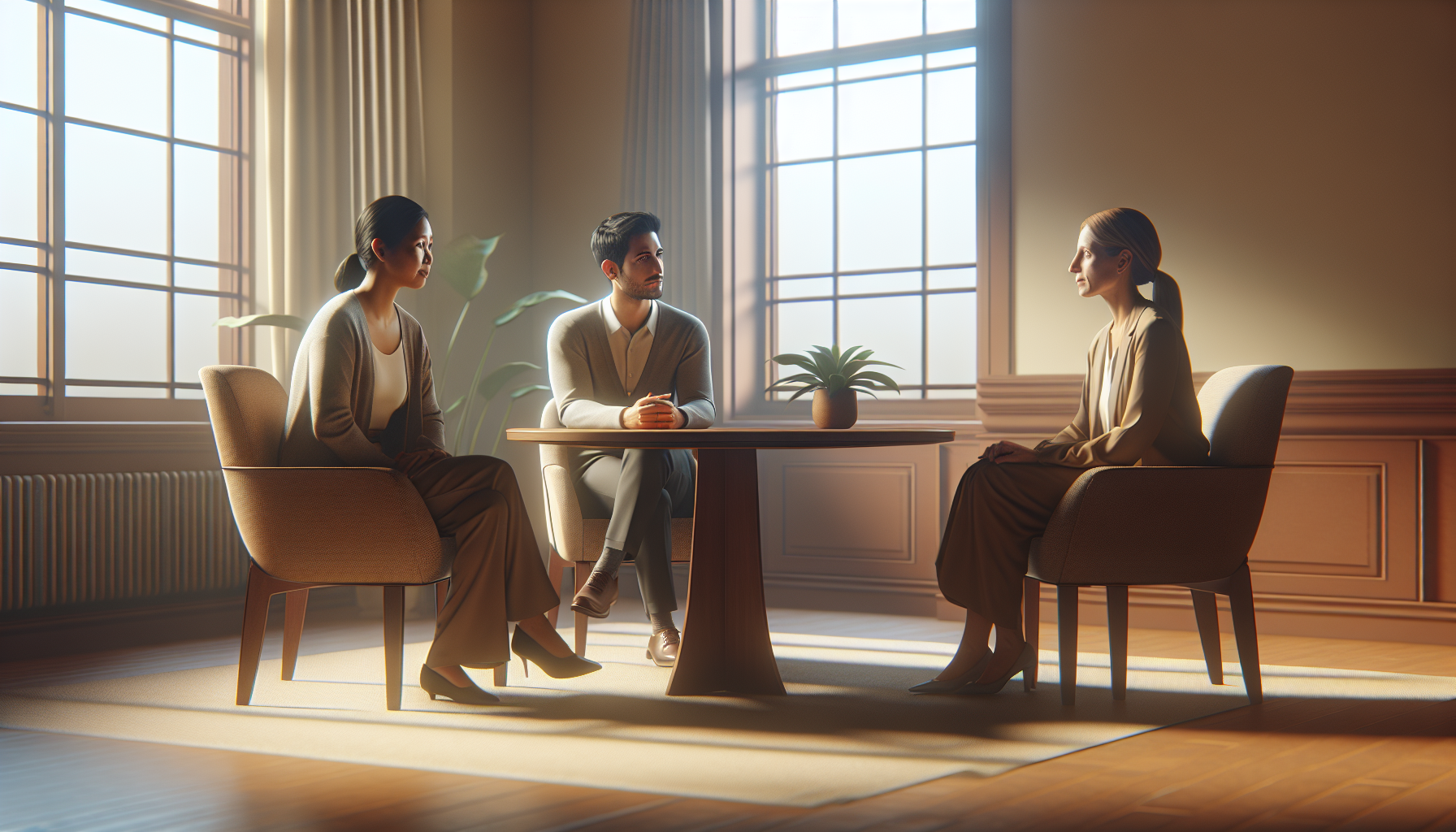 Twee collega's in rustig gesprek met bemiddelaar aan een houten tafel, warm kantoor in Brugge