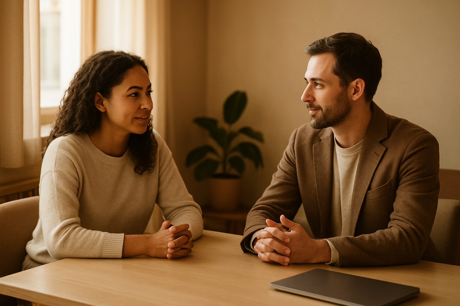 Twee mensen in gesprek aan tafel bij een bemiddeling met een laptop opzij