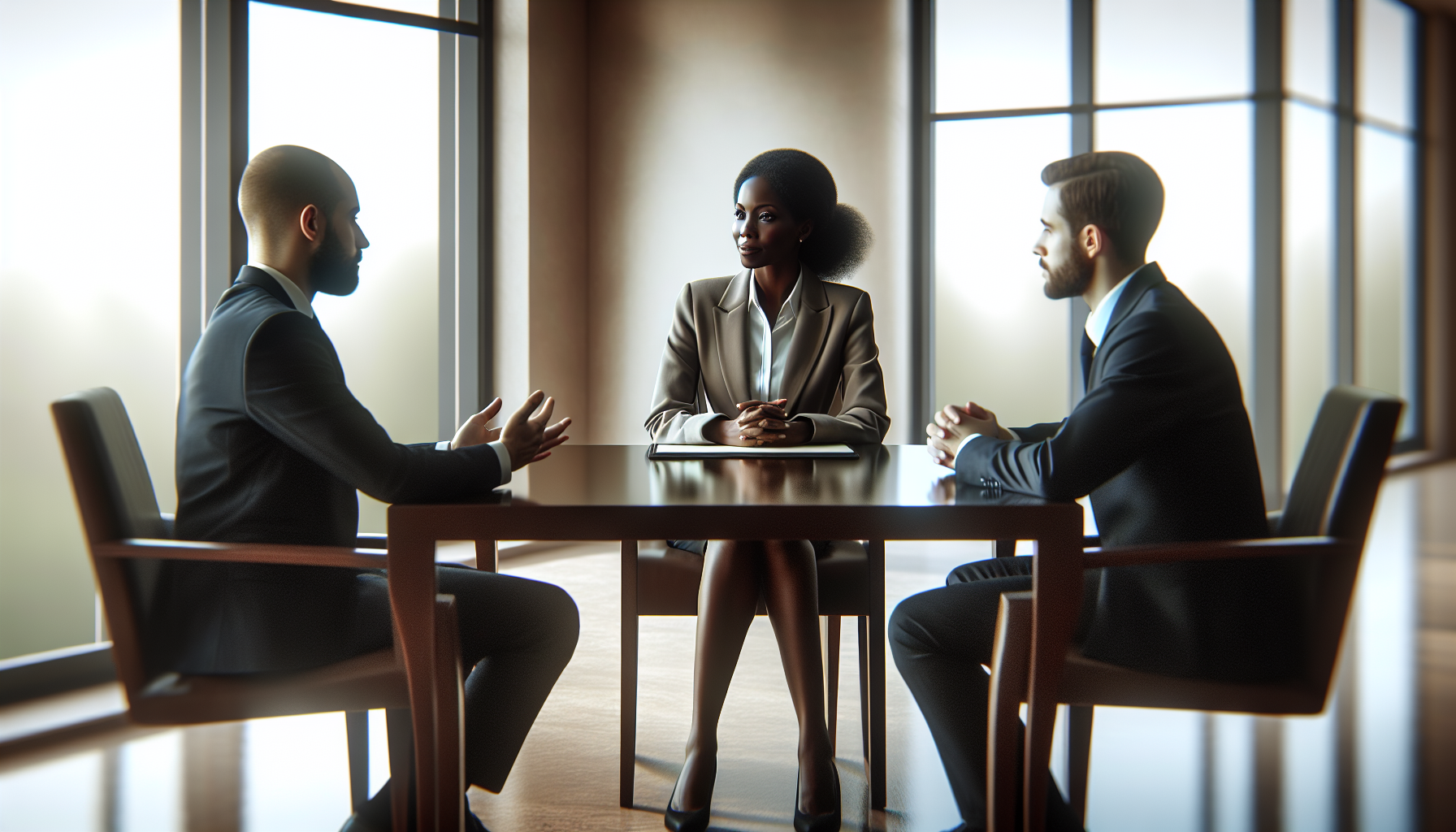 Twee professionals in rustig gesprek met een bemiddelaar aan een houten tafel, bemiddeling als alternatief voor de rechtbank