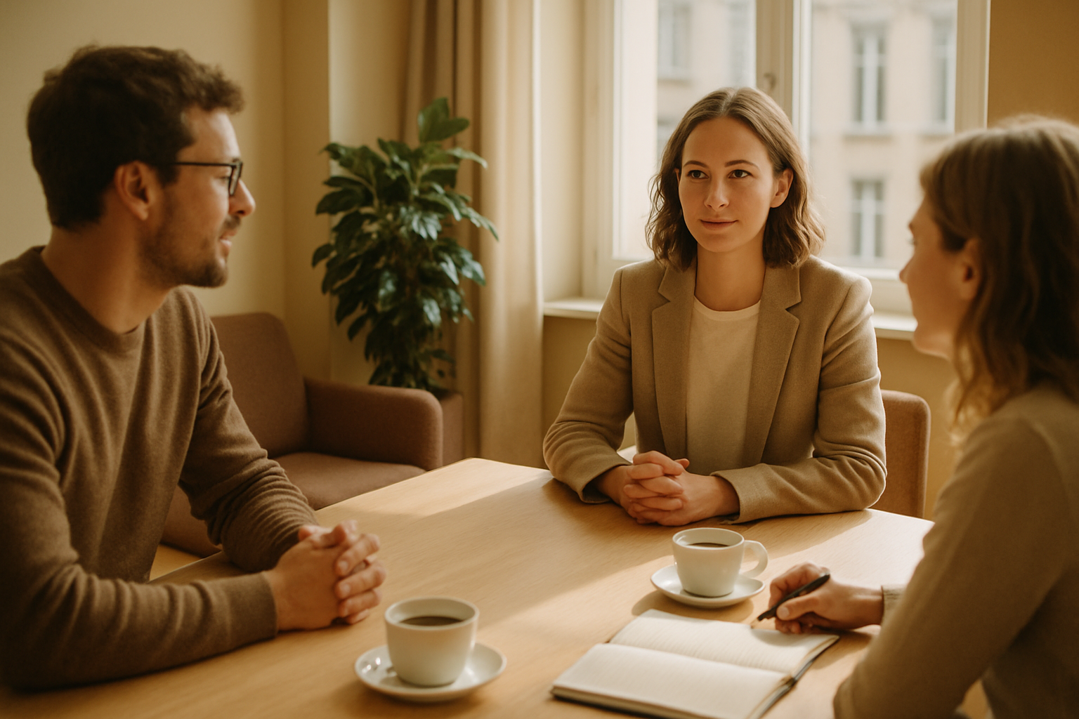 Twee collega's in gesprek met een neutrale derde tijdens bemiddeling op het werk
