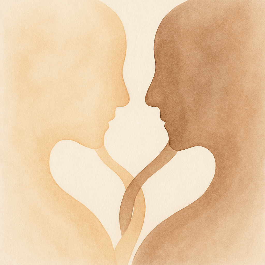 Abstracte illustratie van twee generaties die elkaar vinden in verbinding, symbool voor communicatie op de werkvloer