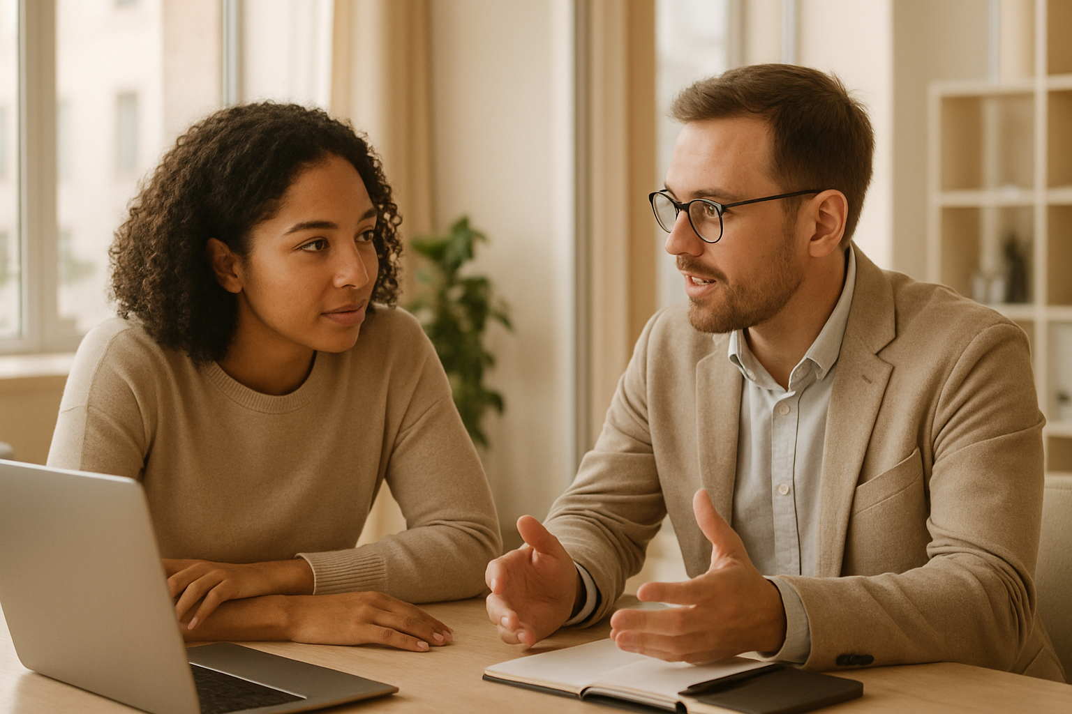 Twee collega's in gesprek over communicatie op de werkvloer, de een luistert aandachtig