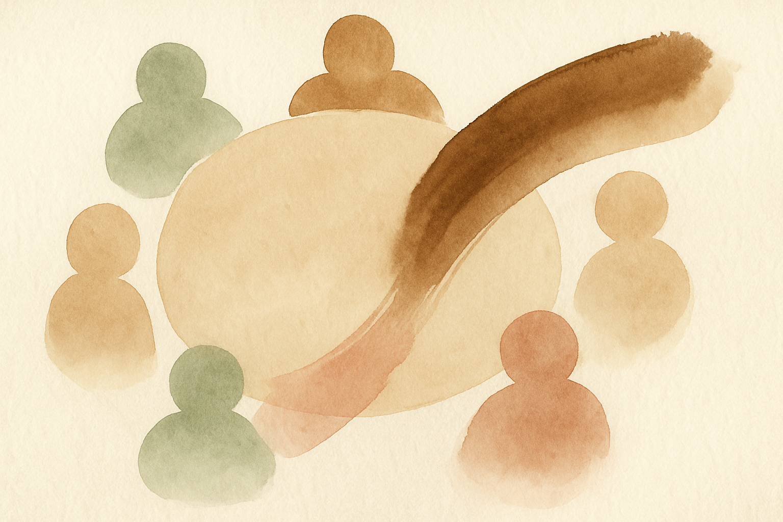 Abstracte aquarel van een vergadertafel waar de ene stem de andere onderbreekt, symbool voor communicatie op de werkvloer