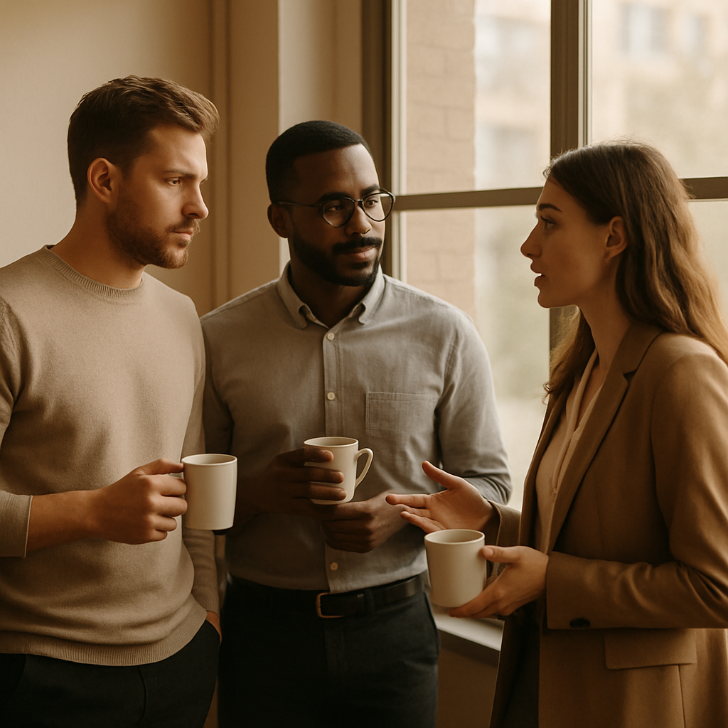 Collega’s in een warm, informeel overleg die elkaar aankijken en luisteren, als beeld voor verbindende communicatie op het werk bij een meningsverschil