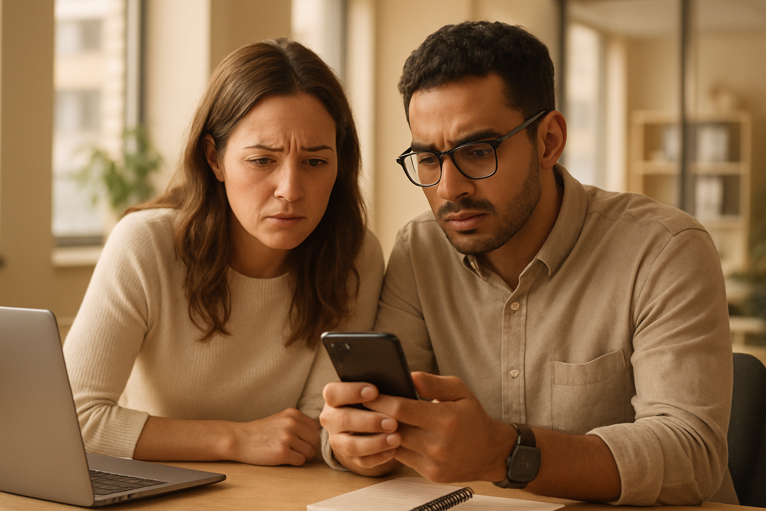 Twee collega's aan een bureau kijken bezorgd naar een kort bericht op een scherm, over communicatie op de werkvloer