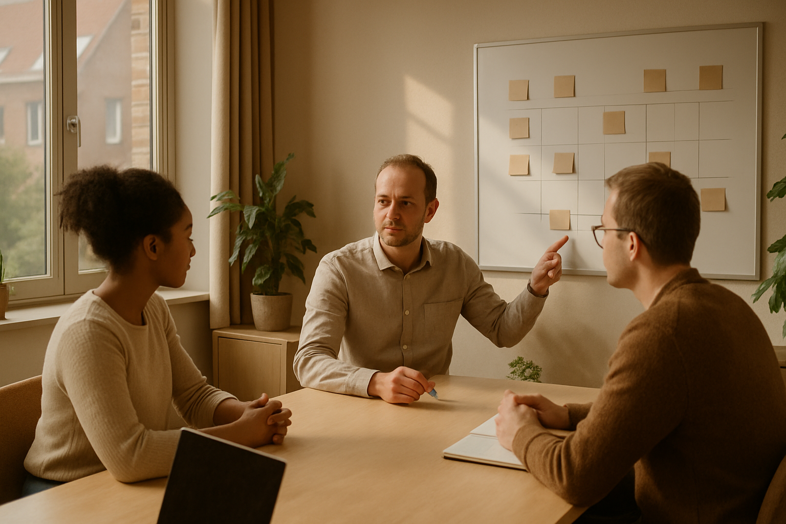 Leidinggevende in gesprek met twee teamleden over een conflict op het werk