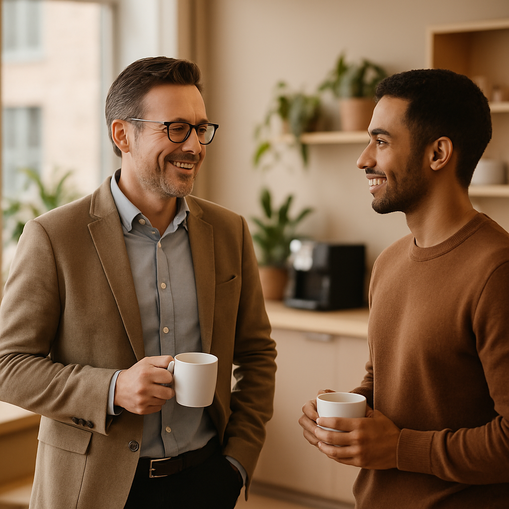 Leidinggevende in informeel gesprek met medewerker aan de koffiehoek, conflict bespreekbaar maken op de werkvloer