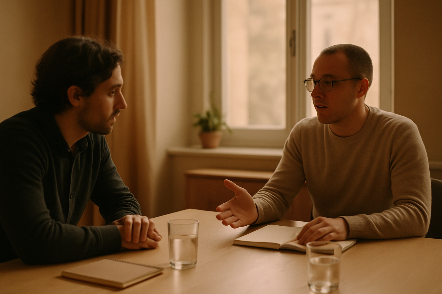 Twee collega's aan tafel in gesprek over een conflict in het team oplossen