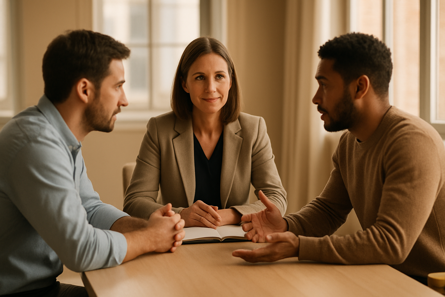 Twee collega's en een bemiddelaar aan tafel om een conflict op het werk op te lossen