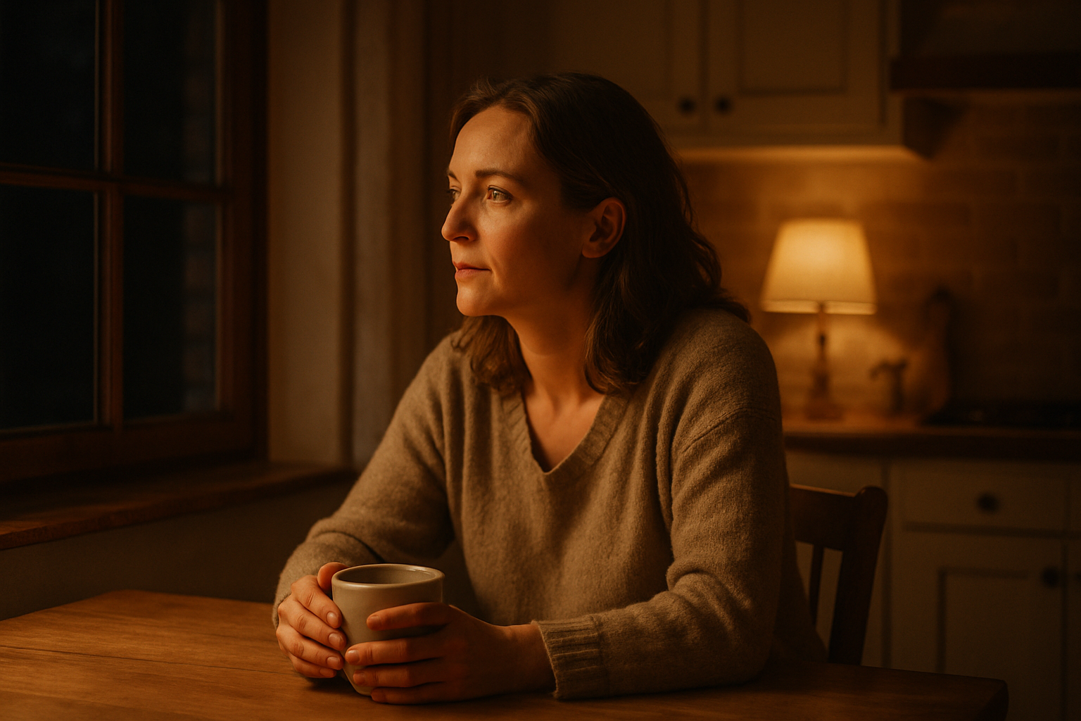 Vrouw zit 's avonds aan de keukentafel en denkt na over een conflict tussen collega's
