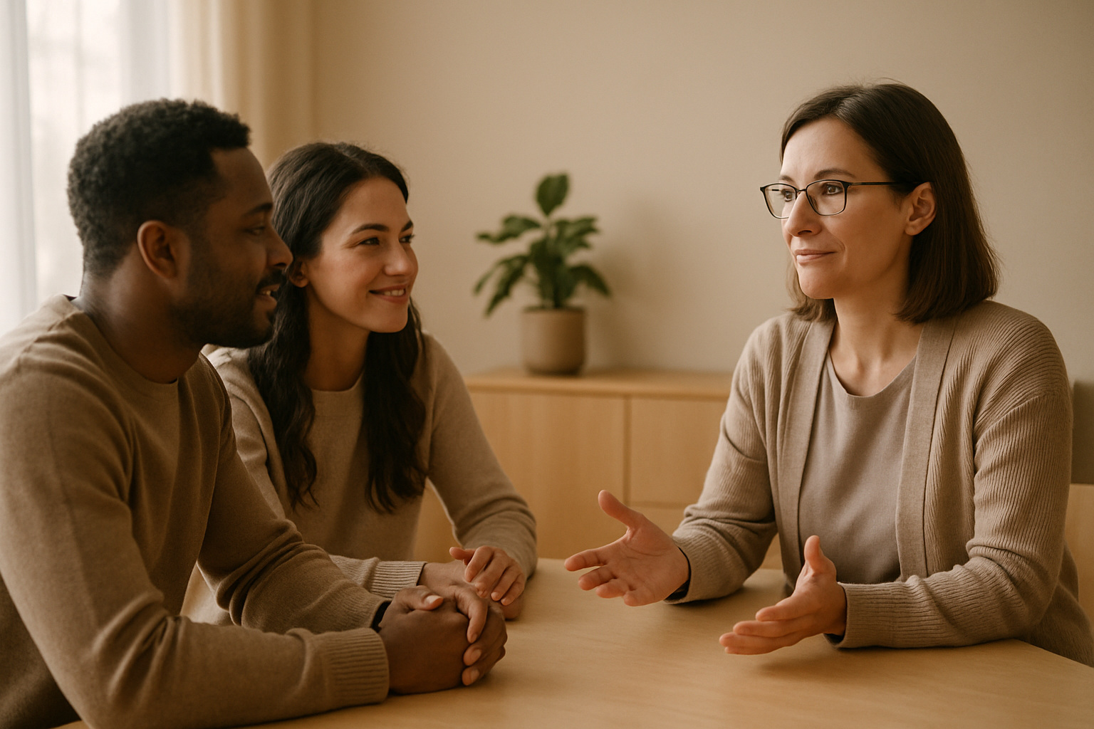 Twee collega's in gesprek met een neutrale bemiddelaar tijdens conflictbemiddeling op de werkvloer