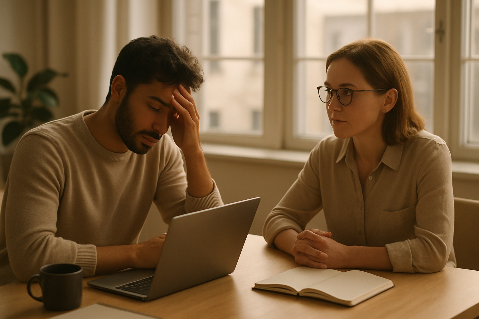 Twee collega's in gesprek aan een tafel tijdens conflictbemiddeling, in warm daglicht