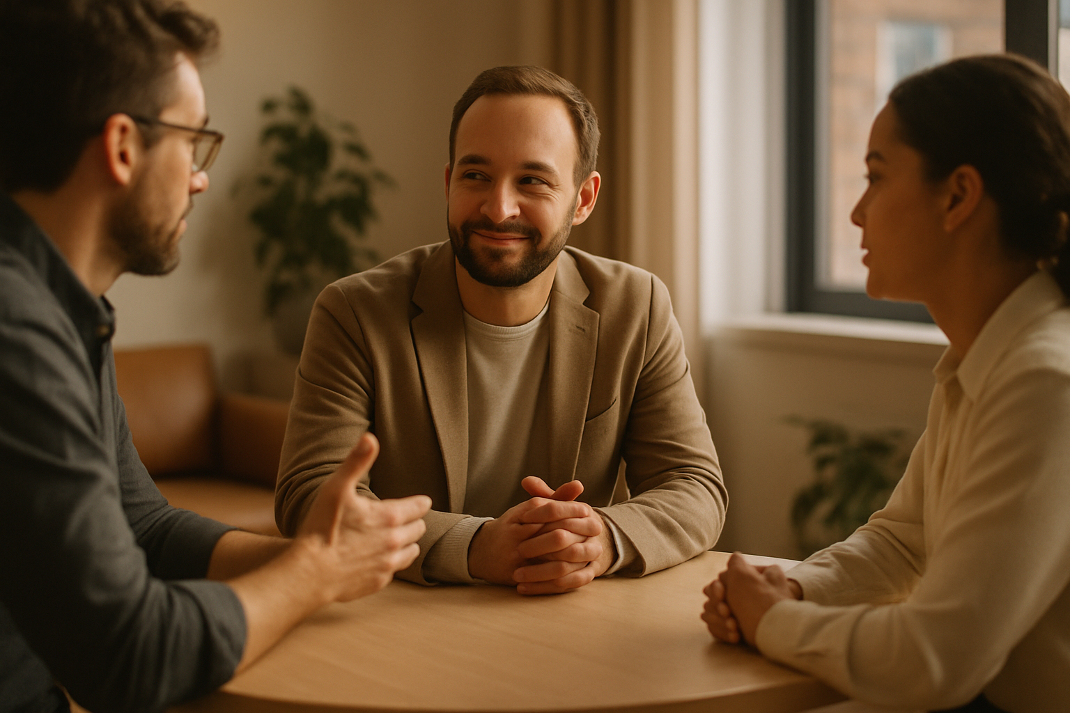 Leidinggevende in gesprek over conflicthantering met twee teamleden in een warm verlicht kantoor in Brugge
