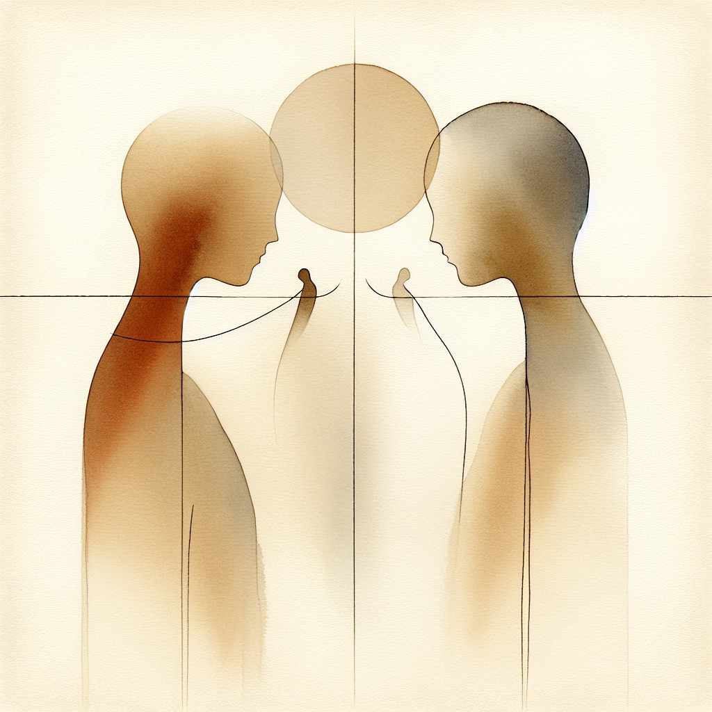 Conceptuele illustratie van bemiddeling tussen werknemers met een neutrale derde figuur