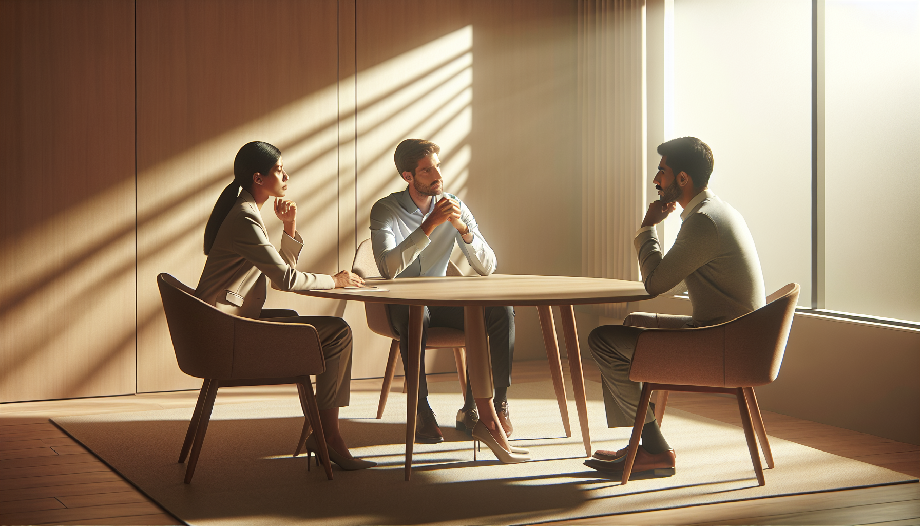HR-medewerker in gesprek met twee collega's in een warm verlichte vergaderruimte, bemiddeling op de werkvloer