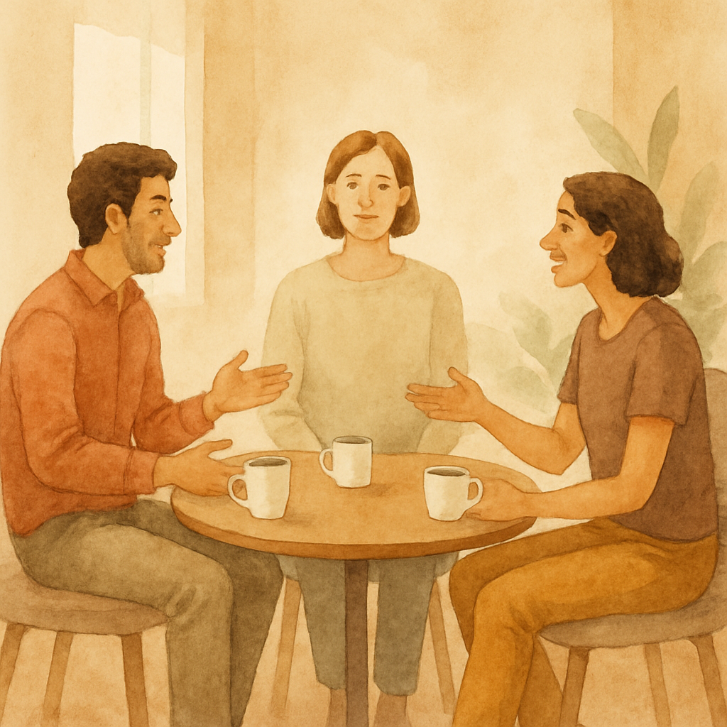 Illustratie van een begeleid gesprek aan tafel als onderdeel van een HR conflictbeleid met bemiddeling