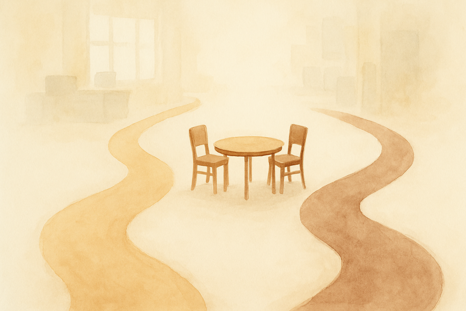 Abstracte illustratie van twee paden die naar een ronde tafel leiden, symbool voor een HR conflictbeleid dat eerst informeel werkt