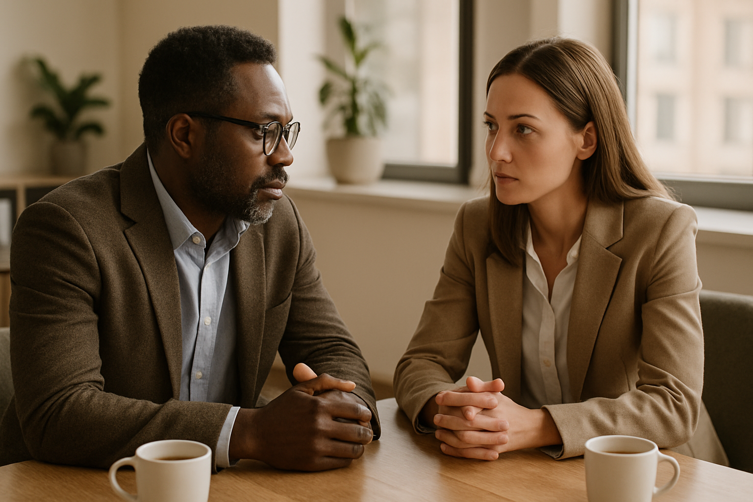 Twee professionals voeren een moeilijk gesprek aan een tafel in een warm verlicht kantoor