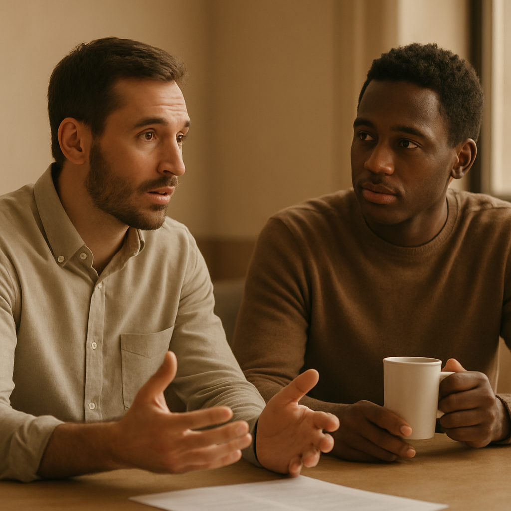 Twee collega’s in een rustige werkruimte die aandachtig naar elkaar luisteren, als beeld voor communicatie op de werkvloer tijdens moeilijke gesprekken