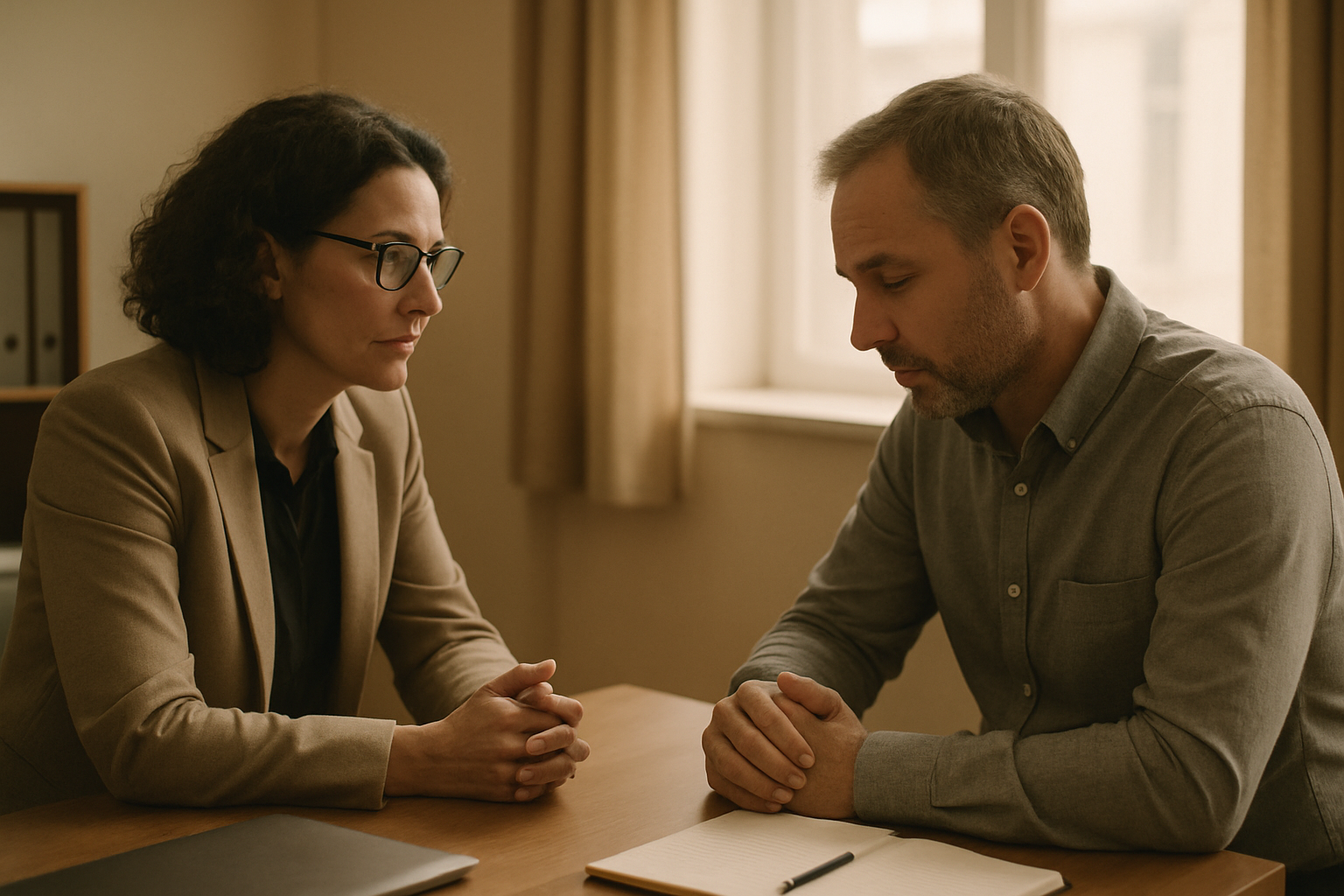 Leidinggevende en medewerker in een rustig kantoor tijdens een moeilijk gesprek, als beeld voor moeilijke gesprekken voeren op de werkvloer