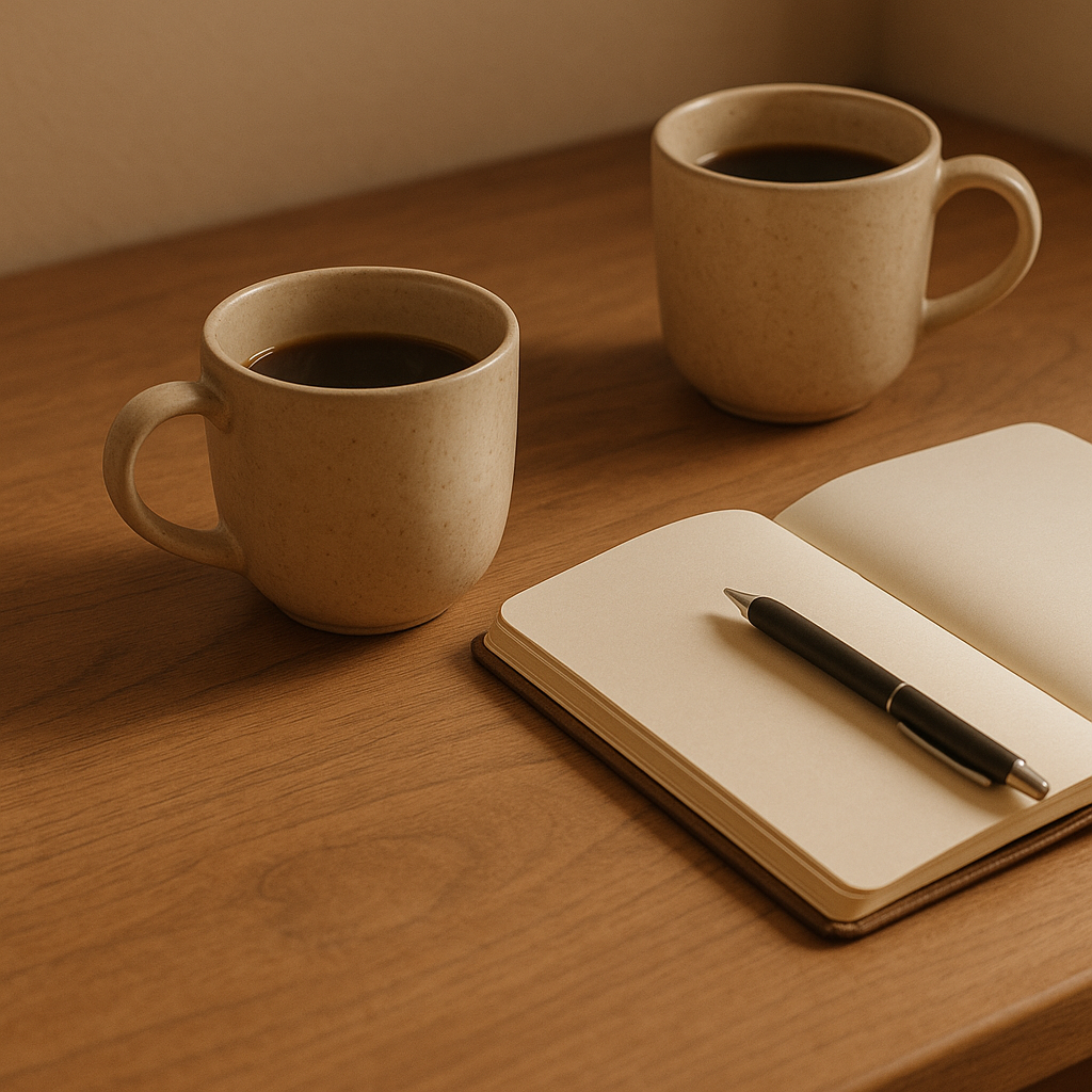 Een notitieboek op een houten bureau met daarnaast twee koffiekoppen, symbool voor een rustig gesprek tussen twee mensen