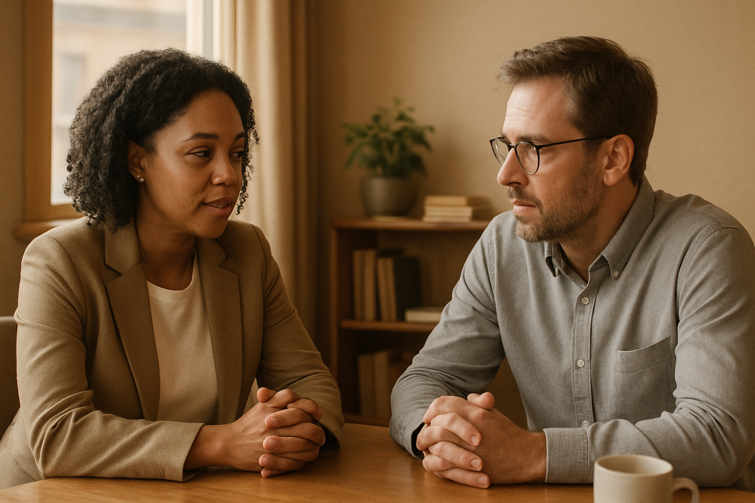 Twee collega's in gesprek aan een tafel, rustig en aandachtig, met natuurlijk licht