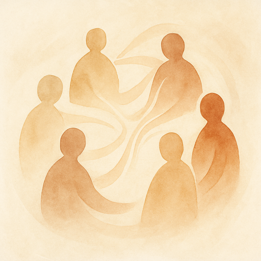 Abstracte illustratie in warme tinten van een team dat kennis deelt en zo teamconflict door competitie voorkomt