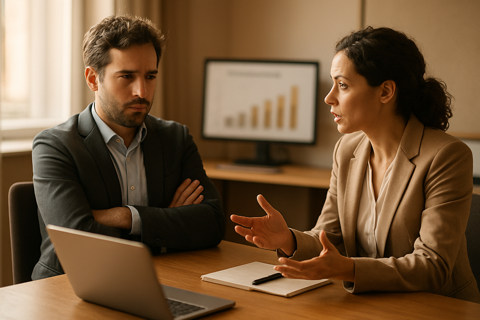 Twee collega's in gesprek aan een vergadertafel, gespannen sfeer die wijst op teamconflict door onderlinge competitie