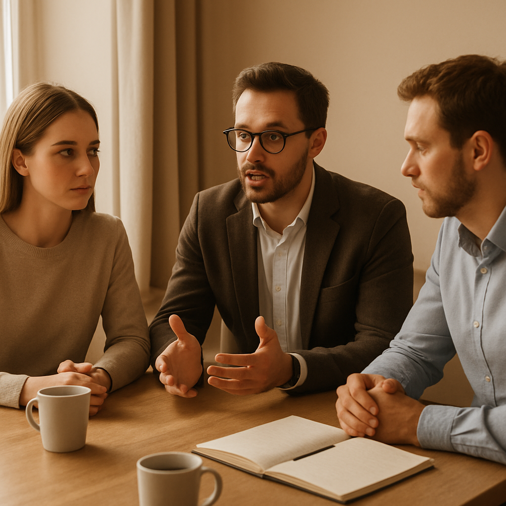 Collega’s in een rustig gesprek aan tafel, als beeld voor samenwerking herstellen na een teamconflict