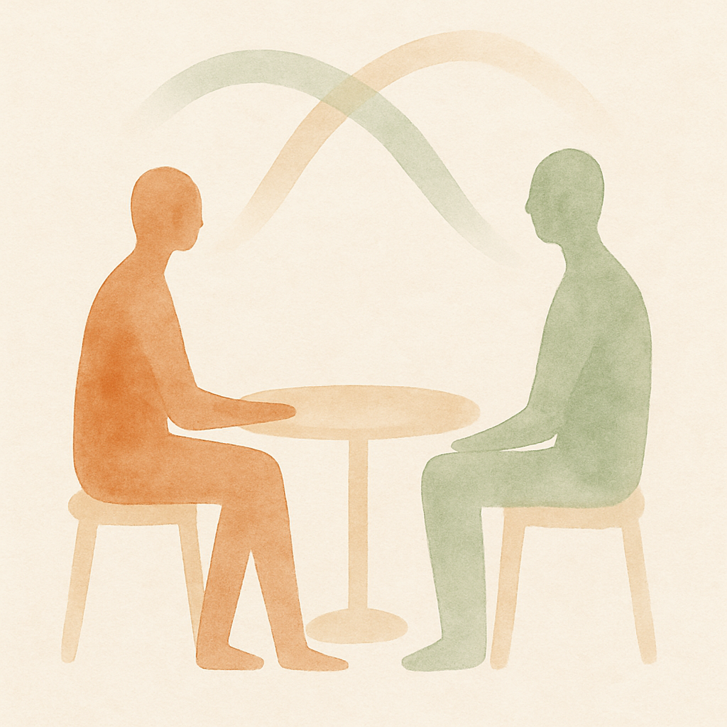 Twee collega’s die een teamconflict rustig uitpraten aan een tafel