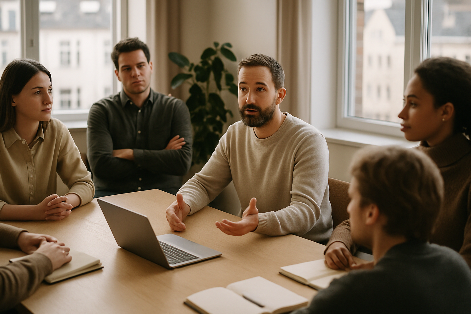 Collega's in overleg rond een tafel tijdens een teamconflict op de werkvloer