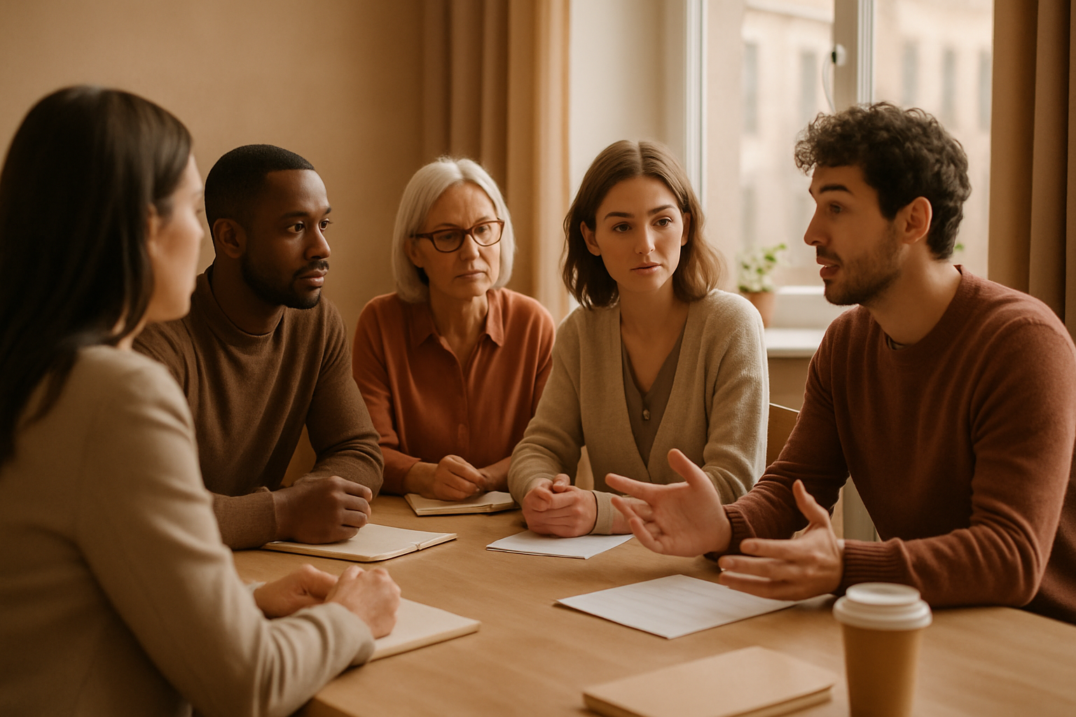 Team in overleg rond een tafel tijdens een gesprek over teamconflict