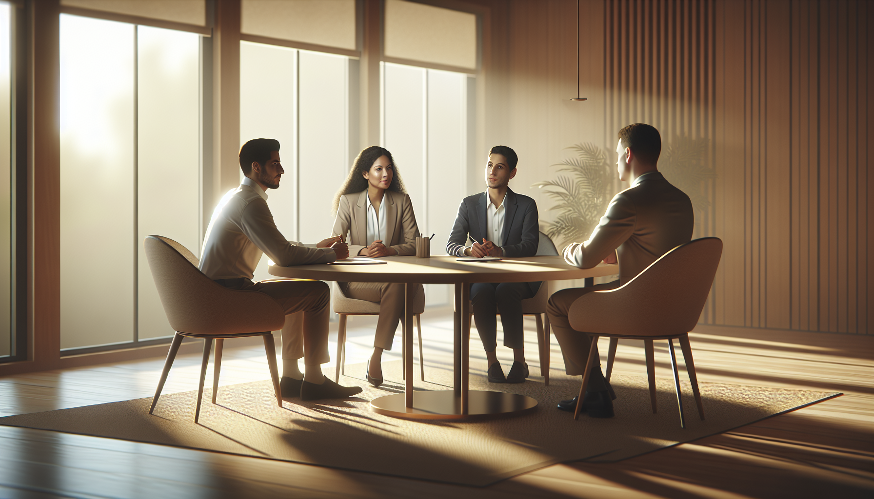 Leider in gesprek met team rond tafel, illustreert teamconflict voorkomen door open communicatie