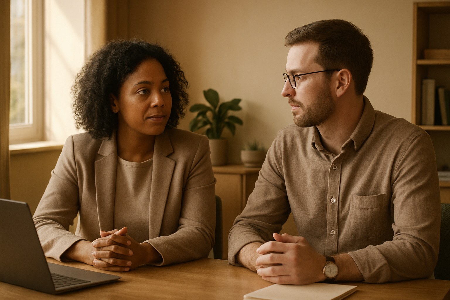 Twee collega's in een rustig gesprek aan een tafel, illustratie van vroege signalen van conflict op de werkvloer