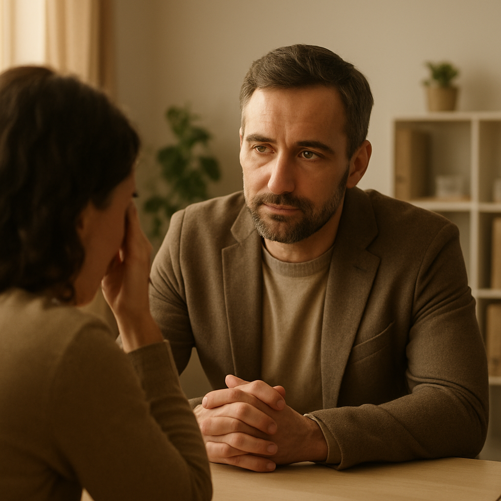 Leidinggevende luistert aandachtig naar een teamlid tijdens een moeilijk gesprek, conflict als leidinggevende aanpakken