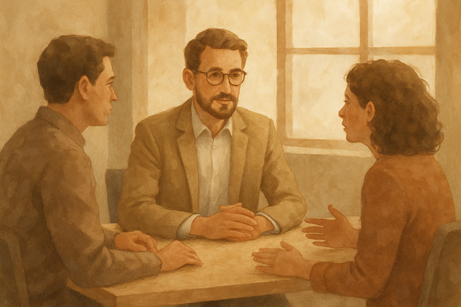 Leidinggevende in gesprek met twee teamleden aan een tafel, conflict als leidinggevende aanpakken
