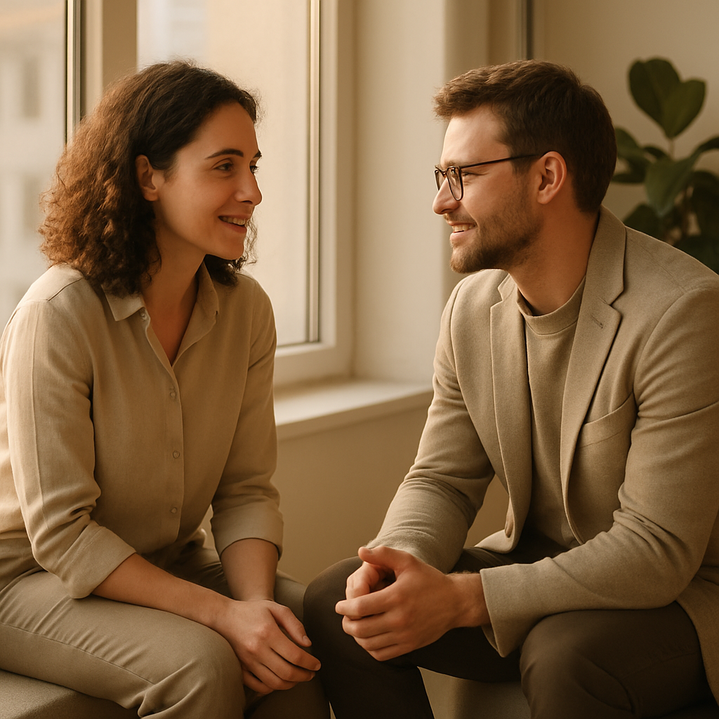 Twee collega’s in open gesprek aan een kantoorraam, voorbeeld van psychologische veiligheid bij teamconflict