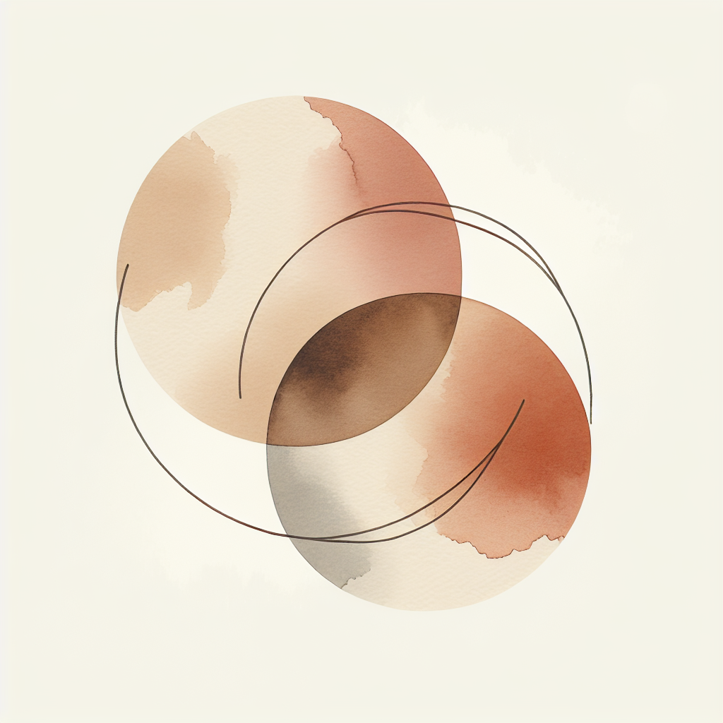 Abstracte illustratie van twee overlappende cirkels met een verbindende brug, symbool voor dialoog en bemiddeling op de werkvloer