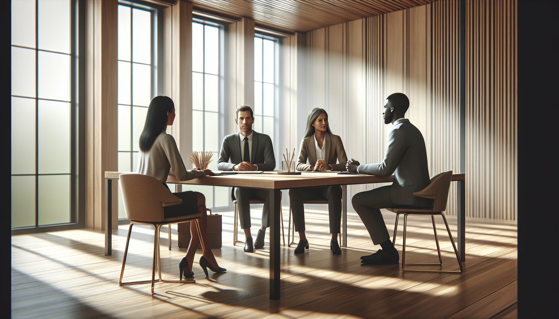 Drie mensen in een rustig bemiddelingsgesprek aan een houten tafel in een lichte vergaderruimte