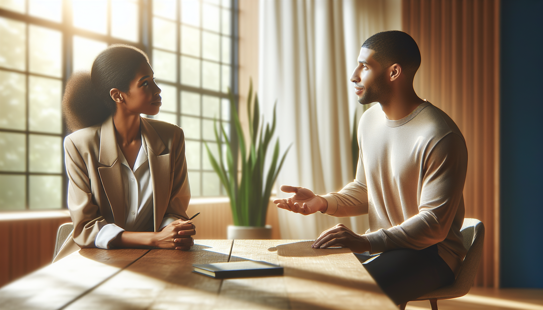Twee collega's in een rustig kantoorgesprek over een moeilijk onderwerp op de werkvloer